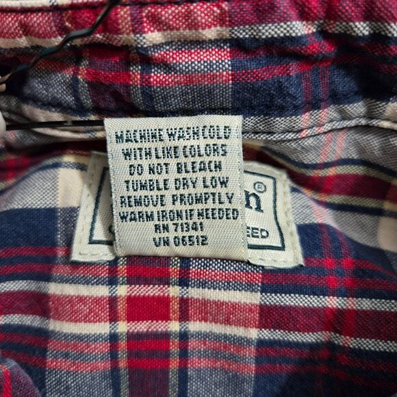 L.L. Bean Men S Reg Red Blue Plaid Button Up Denim Long Sleeve Shirt - Picture 7 of 11